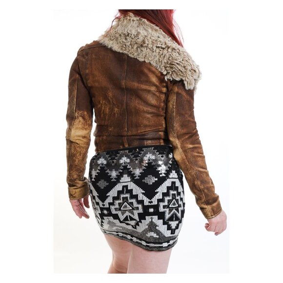 PLEIN SUD Brown Hook & Loop Detail Real Fur Distressed Leather Jacket - Picture 6 of 15